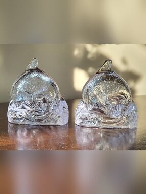 Set of 2 PartyLite Dolphin In Ocean Waves Crystal Tealight Candle Holder Beachy